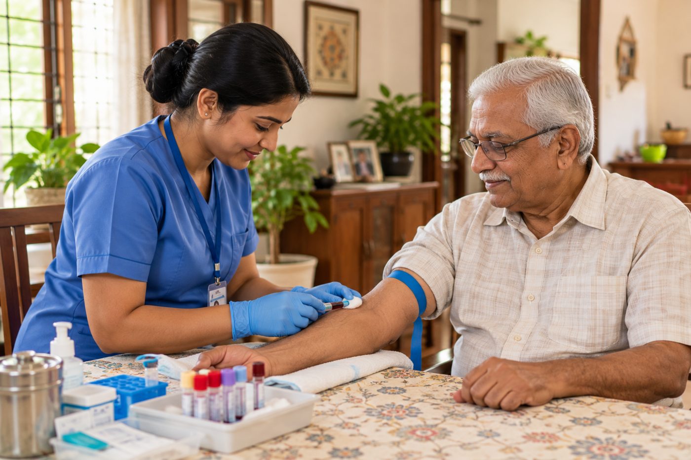 Prana phlebotomist collecting a blood sample from an elderly man at his dining table