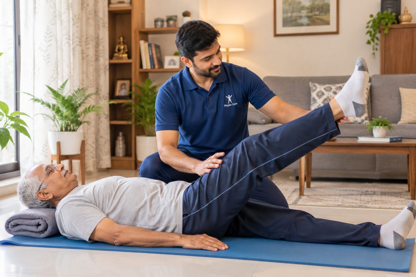 Physiotherapist guiding an elderly man through a leg raise at home