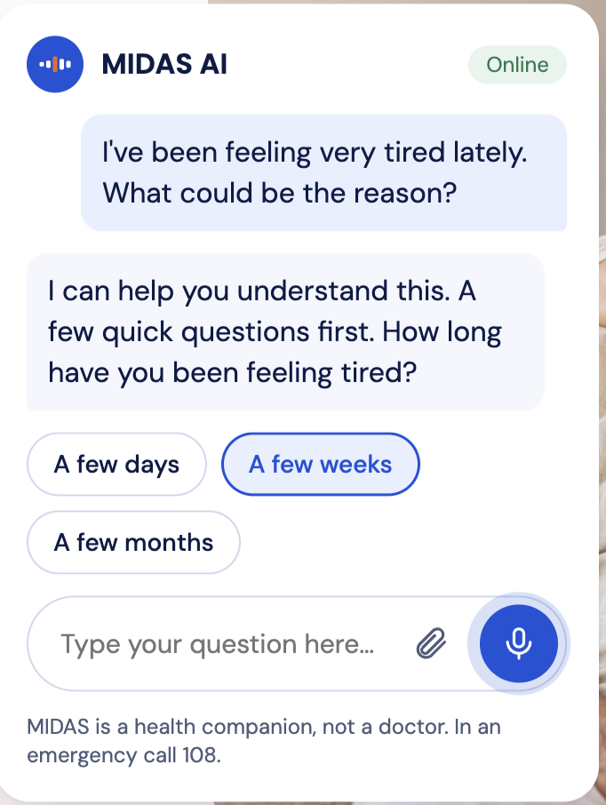 The MIDAS AI chat answering a question about tiredness